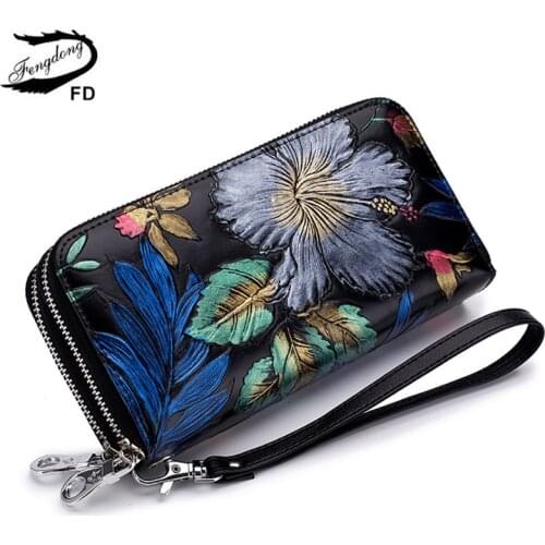 Fengdong female vintage black flower card wallet women clutch phone bag coins with a secret ladies leather purse for girls gift