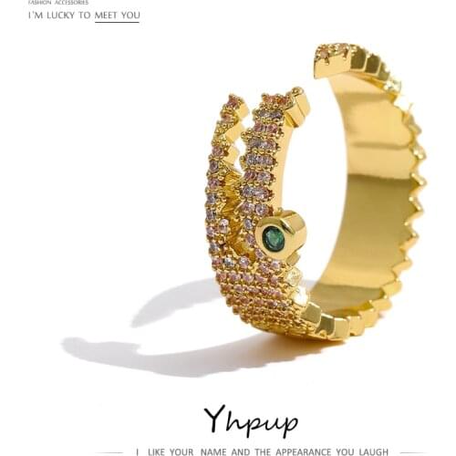 Yhpup Fashion Crocodile Opening Rings Women Delicate Cubic Zirconia Finger Ring Copper Gold Jewelry Bagues Pour Femme Gift