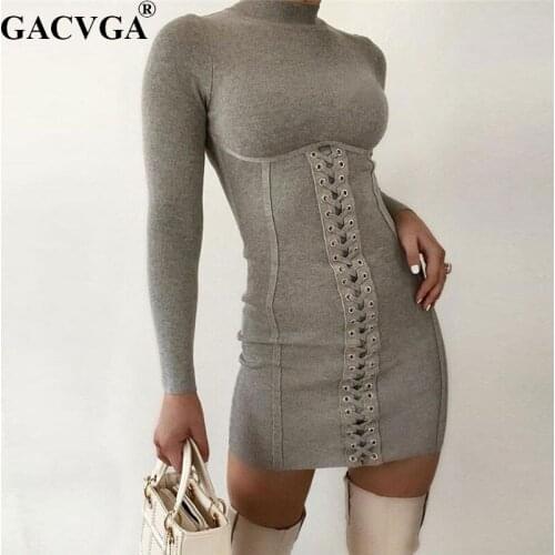 GACVGA 2020 Black Sexy Bodycon Autumn Winter Dress Women Drawstring Bandage Mini Dress Casual Knitted Party Dresses Vestidos