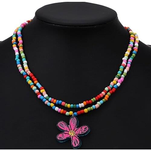 ZHINI Bohemia Handmade Rainbow Seed Beads Simple Choker Necklaces for Women Elegant Personality Flower Pendant Neckalce 2021