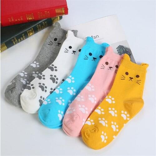 5Pair/Lot Korean women socks Fashion cute cat cotton socks Kawaii girls autumn and winter socks Christmas gifts Drop Shipping