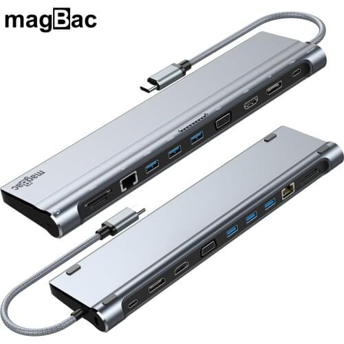 USB C Hub Dual Monitor P02s Laptop Docking Station 4K HDMI VGA RJ45 LAN 2*USB C Port 3*USB 3.0 USB Hub DP 100W Fast Charging