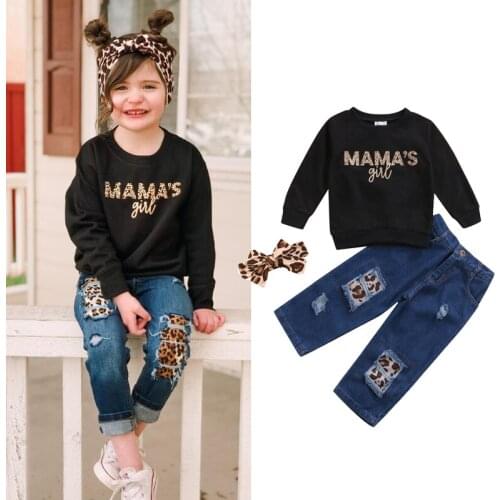 FOCUSNORM 1-6Y Fashion Kids Girls Leopard Print Clothes Set 3PCS Letter Print Long Sleeve Sweatshirt Tops+Ripped Denim Pants