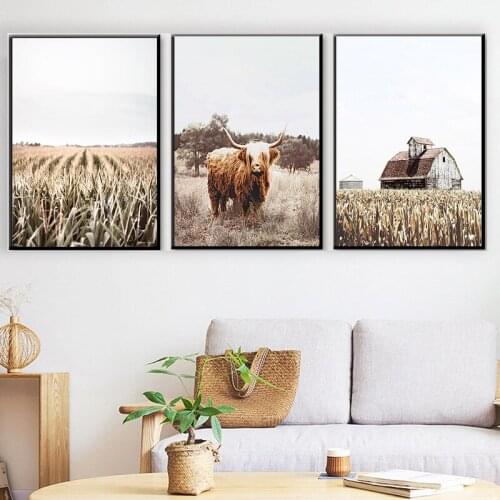 Grassland Natural Landscape Animal Mountain Rice Field Canvas Painting Wall Frameless Picture Poster Living Room Home Decoration