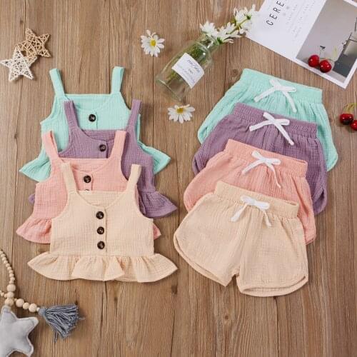 Cotton Casual Summer Baby Girls 2pcs Clothes Set Solid Sleeveless Button Tops+Shorts Infant Children Home Wear Outfit Suit