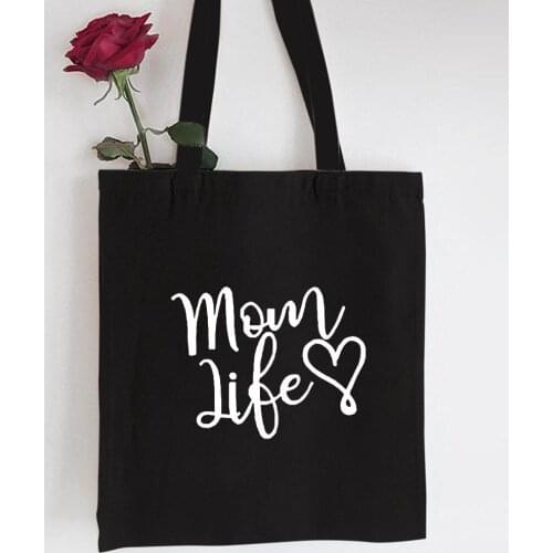 Mama Shopping Canvas Black Large Capacity Bag Mom Life Print Reusable Eco Cloth Travel Bag Foldable Tote Bags Mother Nappy Bag
