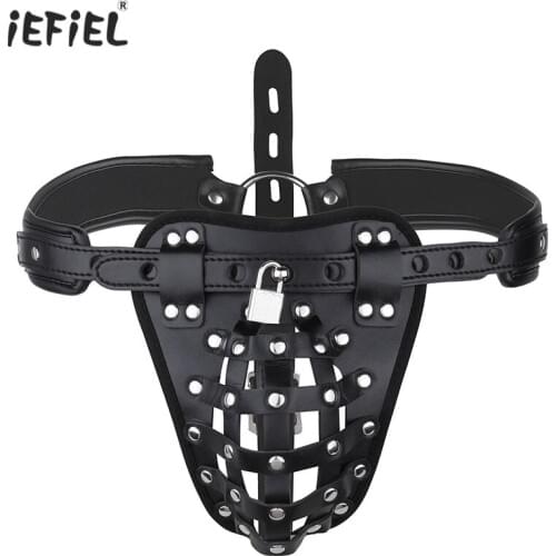 IEFiEL Gay Mens Lingerie PU Leather Basket Jockstrap G-string Underwear Chastity Bulge Pouch Crotchless Sexy Panties with Locks