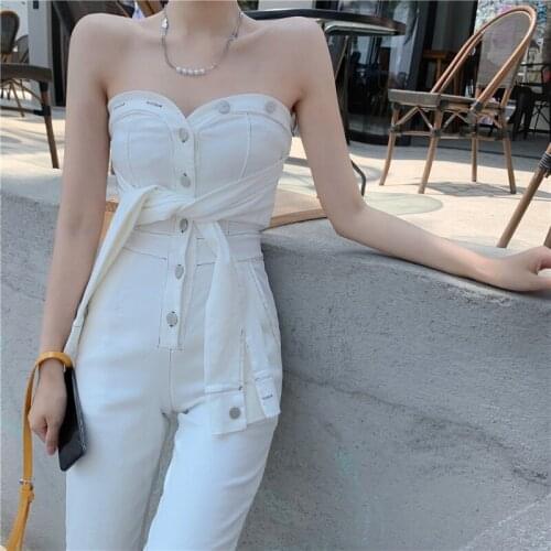 Women Clothing Overalls Jumpsuit Women White Summer 2021 New Vintage Denim Sexy Ankle Length Pants High Waist jumpsuit 309B