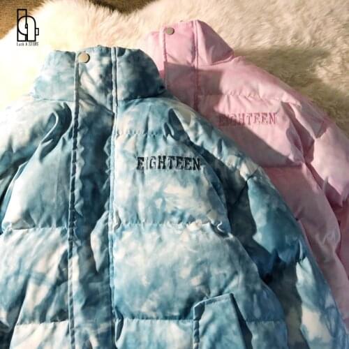 2021 Winter New Couple Harajuku Cotton-padded Jacket Padded Coat Tie-dye Pink Blue Parkas Warm BF Style Winter Fashion Coat