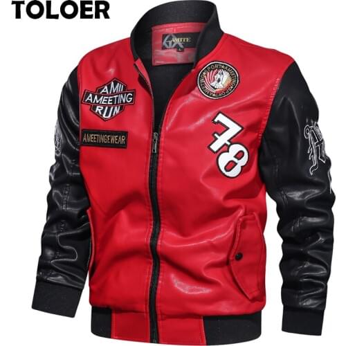 Embroidery Leather Jacket Men 2021 New Vintage Jacket Winter Mens Faux Leather Bomber Pilot Jackets Male Fleece Warm Coats 4XL