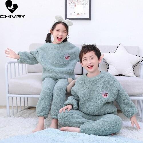New 2020 Kids Boys Girls Autumn Winter Cashmere Keep Warm Pajama Sets Solid O-neck Tops with Pants Sleeping Clothing Sets