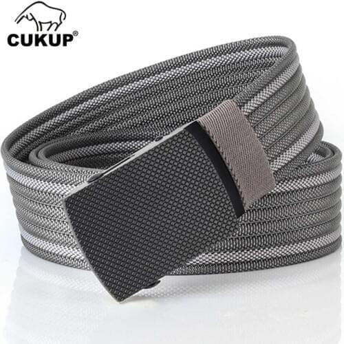 CUKUP 2018 New Design Mens Quality Striped Grey Nylon Belt Black Zinc Alloy Buckles Metal Colours Canvas Belts for Men CBCK137