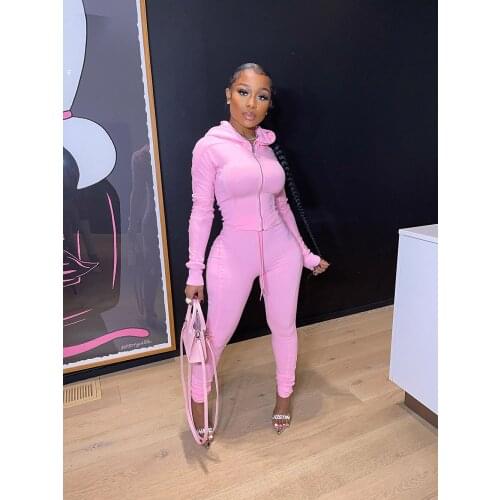 RMSFE 2021 Women Long Sleeve Hooded Zipper Fashion Casual Solid Color Pile Pants Sports Two-Piece Set