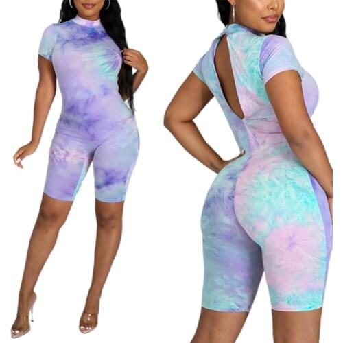 Sexy Sports Women Basic Bodycon Playsuit Casual High Turtleneck Short Sleeve Tie Dye Backless Hip Lift Short Jumpsuit