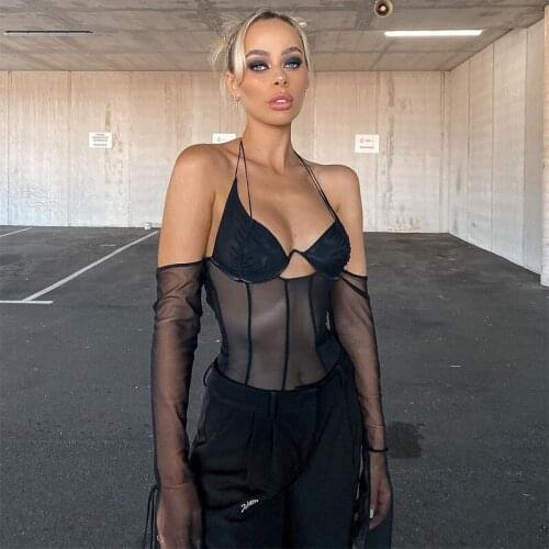 Thorn Tree Sexy V-neck Lace-up Mesh Long Sleeve Patchwork T-shirts Women Off Shoulder Backless Halter Deep V-neck T-shirts 2021