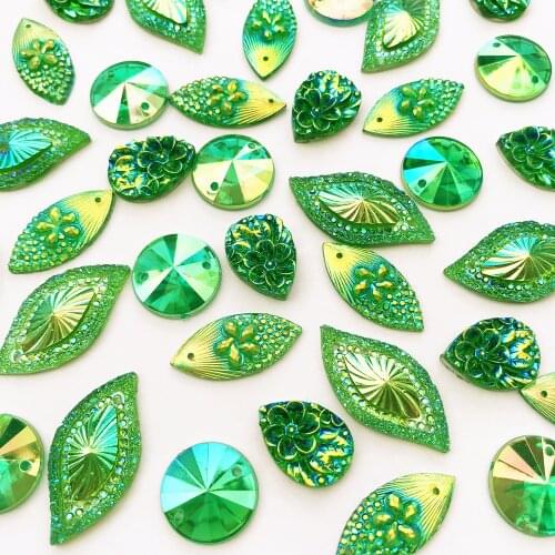 Mix Shape 2 hole Resin 100ps Flatback Sew on Decorative Rhinestones Green AB For Sewing Diy Womens Decor Wedding Clothing dress