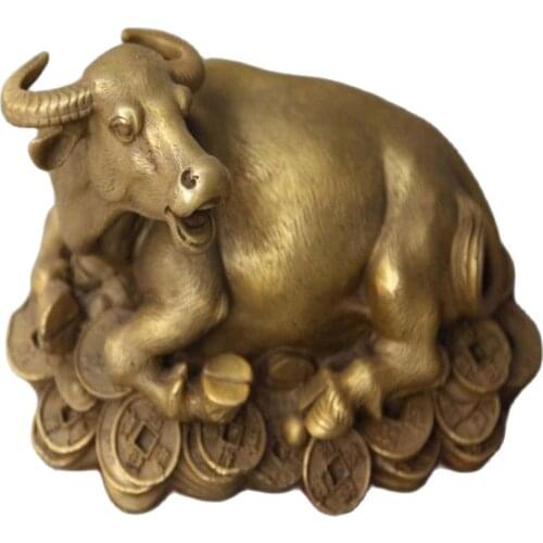 Chinese pure Bronze Wealth YuanBao Money Bull Unicorn OX Oxen Animal Statue