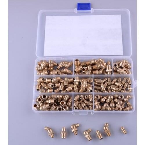 Universal 140Pcs Gold Brass Hydraulic Metric Brass Zerk Grease Nipple Pipe Fitting Assortment Kit Set for M6 M8 M10