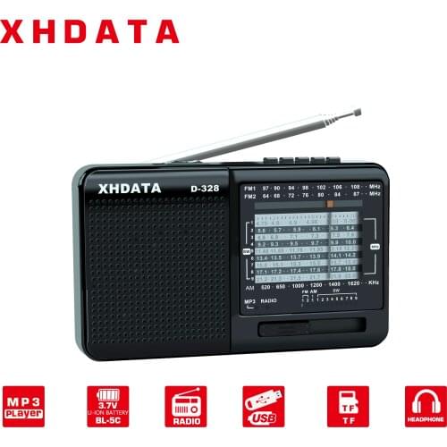 XHDATA D-328 Black Portable Radio AM FM SW 12 Bands with DSP/MP3 Music Player and TF Card Slot USB Mini FM Radio Receiver