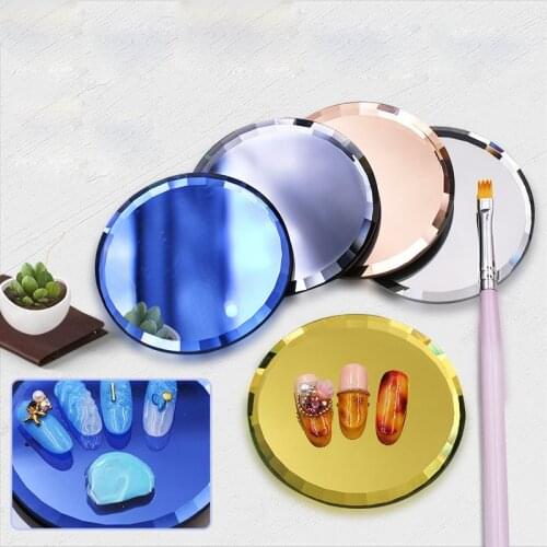 1Pc Mirror Empty Nail Art Palettes Plate Round Glass Nail Art Display Tray Board Holder Gel Polish Drawing Color Mixing Palette