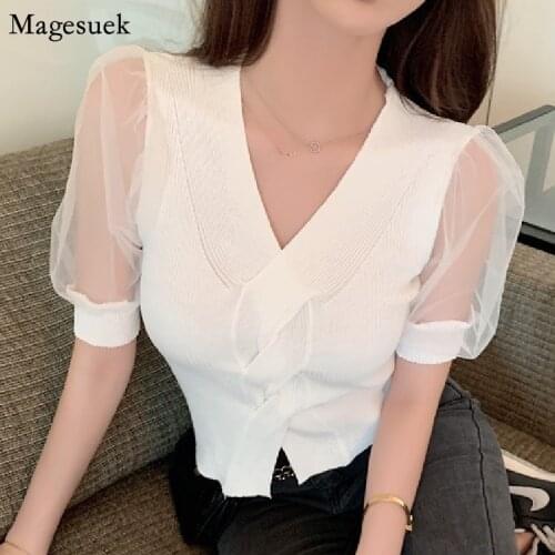 Korean Chic Slim V-neck White Shirt Women Mesh Stitching Puff Sleeve Summer Ladies Tops Fashion Cross Design Women Blouses 15361