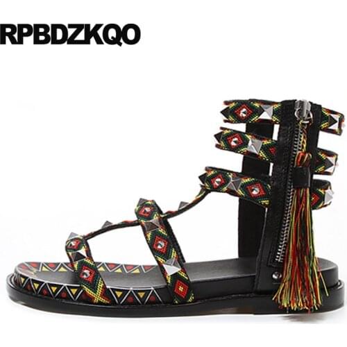 Stud Shoes Gladiator Fringe Rivet Booties Women Flat Big Size Embellished T Strap Sandals Runway Ethnic Plus Boots Strappy