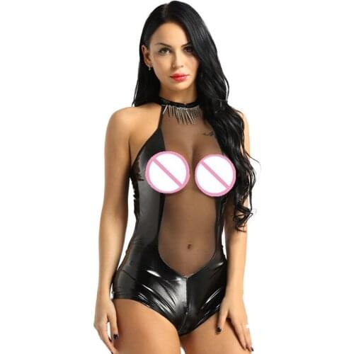 Women latex pvc catsuit Sexy Halter High Cut fishnet Erotic bodysuit wetlook pu Faux Leather Fetish Wear open crotch lingerie