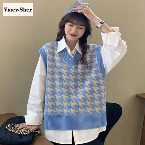 VmewSher New Spring Autumn Women Vest Knitted Houndstooth Casual Sleeveless Pullover V-neck Knitwear Jumper Elegant Solid Top