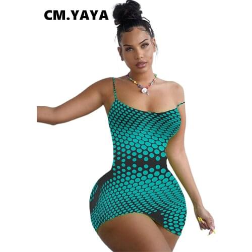 CM.YAYA Women Mini Dress Dot Print Sleeveless Strap O-neck Stretchy Bodycon Dresses Sexy Fashion Vestidos Summer Outfits 2021