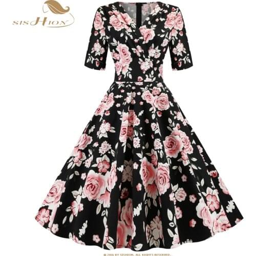 SISHION Cotton Floral Print Flower Vintage Dress VD1365 Short Sleeve 50s 60s Swing Women Summer Dress