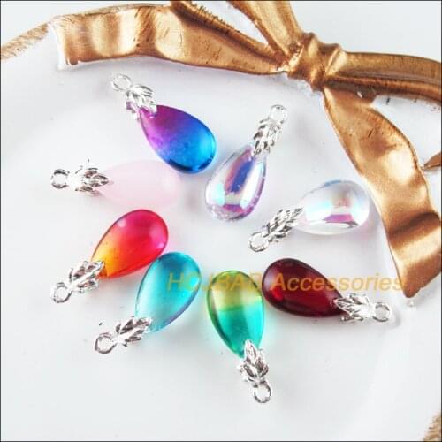 16Pcs Mixed Crystal Teardrop Charms Silver Plated Leaves Bail 8x21mm