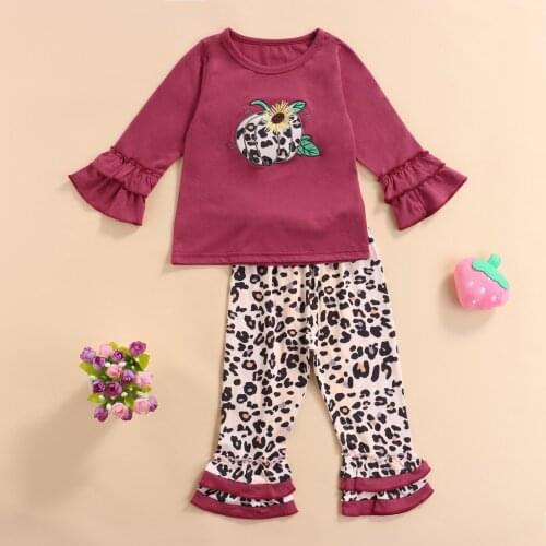 2Pcs Kids Halloween Outfits Pumpkin Round Neck Flared-Sleeves Tops + Leopard Print Bell-Bottoms for Girls 1-6 Years
