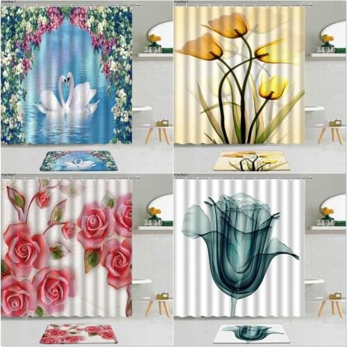 2Pcs Floral Plant White Swan Lake Shower Curtain Watercolor Flower Sunflower Butterfly Non-Slip Bath Mat Bathroom Curtains Set