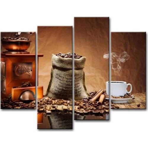 Brown 4 Piece Wall Art Painting Coffee Cup Plate Pictures Prints On Canvas For Home Decor ,Ready to Hang Drop shipping