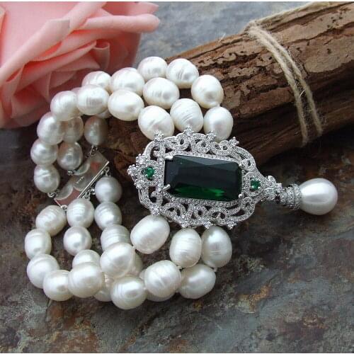8" White Rice freshwater Pearl Bracelet sea shell pearl and Cz pave Connector
