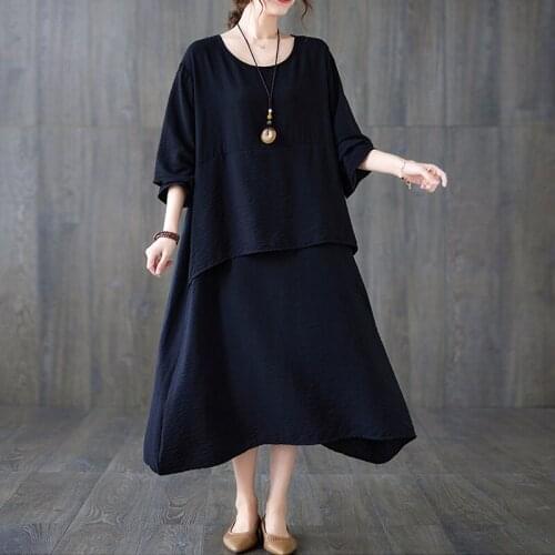 One-Piece Korean Casual Midi Dress Women Vintage Plus Size Cotton Solid Color Linen Dress 2021 New Autumn Winter Pullover Dress