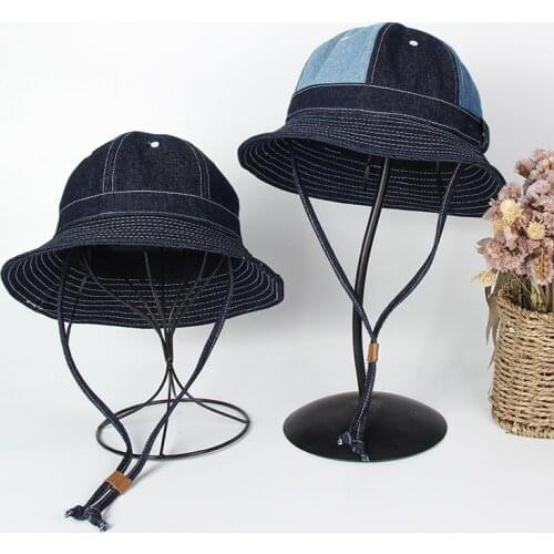 Denim Splicing Dome FishermanS Hat Drawstring Shading Summer Sun Protection Women Outdoor Sombrero Cap Wide Brim Basin Cap