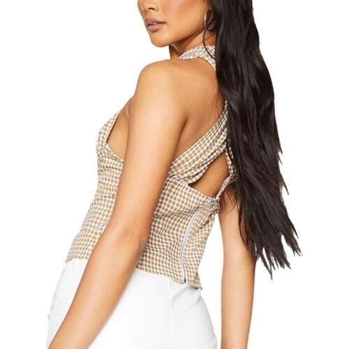 Women Cutout Tank Tops, Fashion Printed Sleeveless Cross Halter Neck Zip Up Camisole