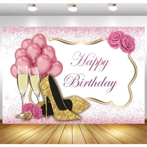 Sweet Pink Rose Birthday Backdrop Shiny Glitter High Heels Champagne Adults Women Birthday Decor Photo Booth Background Custom
