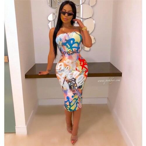 AHVIT Fashion Printed Strapless Skinny Women Dress Sleeveless Elegant Party Bodycon Dress ME-Q339