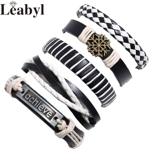 Leabyl Classic Punk Series Ancient Letter Snowflake Charm Vintage Bracelet Set Black White Cow Leather Strap Wrap Punk Bracelet