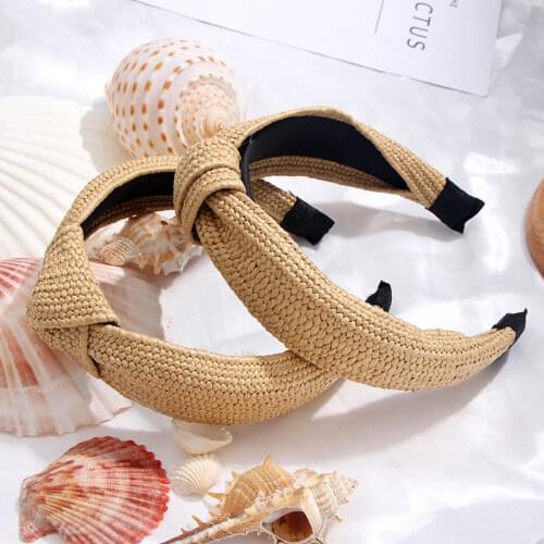 JUST FEEL Korean Solid Knotted Handmade Straw Headband Turban for Women Girls Hoop Bezel Hairbands Hair Accessories Headwear
