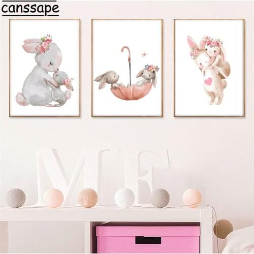Bunny Poster Paintings Animal Nursery Wall Art Print Rabbit Canvas Painting Flower Nordic Wall Picture Girl Baby Room Decoration