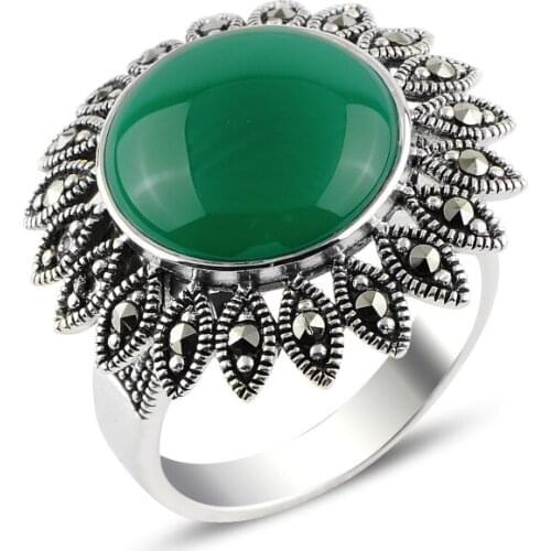 Silver 925 Sterling Green Agate & Marcasite Ring