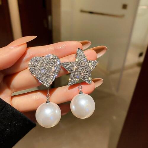 2021 New Korean Heart Star Rhinestone Big Simulated Pearl Dangle Earrings For Women Fashion Jewelry Party Pendientes Mujer