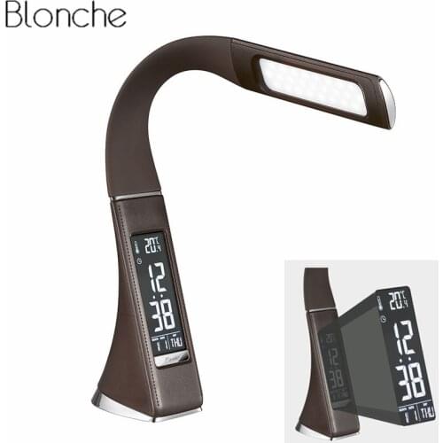 Modern Leather LED Desk Lamp Dimming Touch Study Table Lamp Light with LCD Display Alarm Clock/Calendar For Office Business Gift