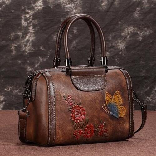 Natural Skin Messenger Women Bag Cross Body Retro Floral Butterfly Embossed Female Handbag Genuine Leather Single Shoulder Bags