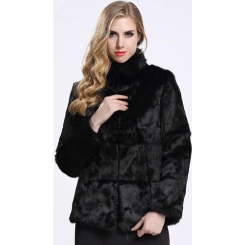 Women Rabbit Fur Jacket Real Rabbit Fur Coat Fashion Genuine Leather Outwear Mandarin Collar Real Fur