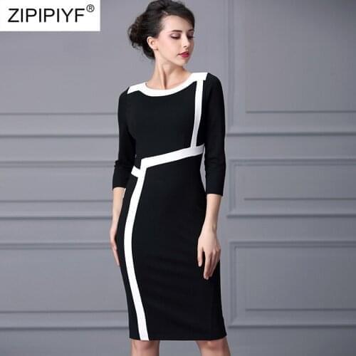 Womens Office Wear Elegant Sexy O Neck Patchwork Slim Tunic Work Party Business Bodycon Sheath Pencil Dress H5704