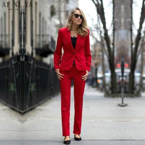 CUSTOM rose red women business suits formal office suits work female trouser suits one button slim fit 2 piece blazer set